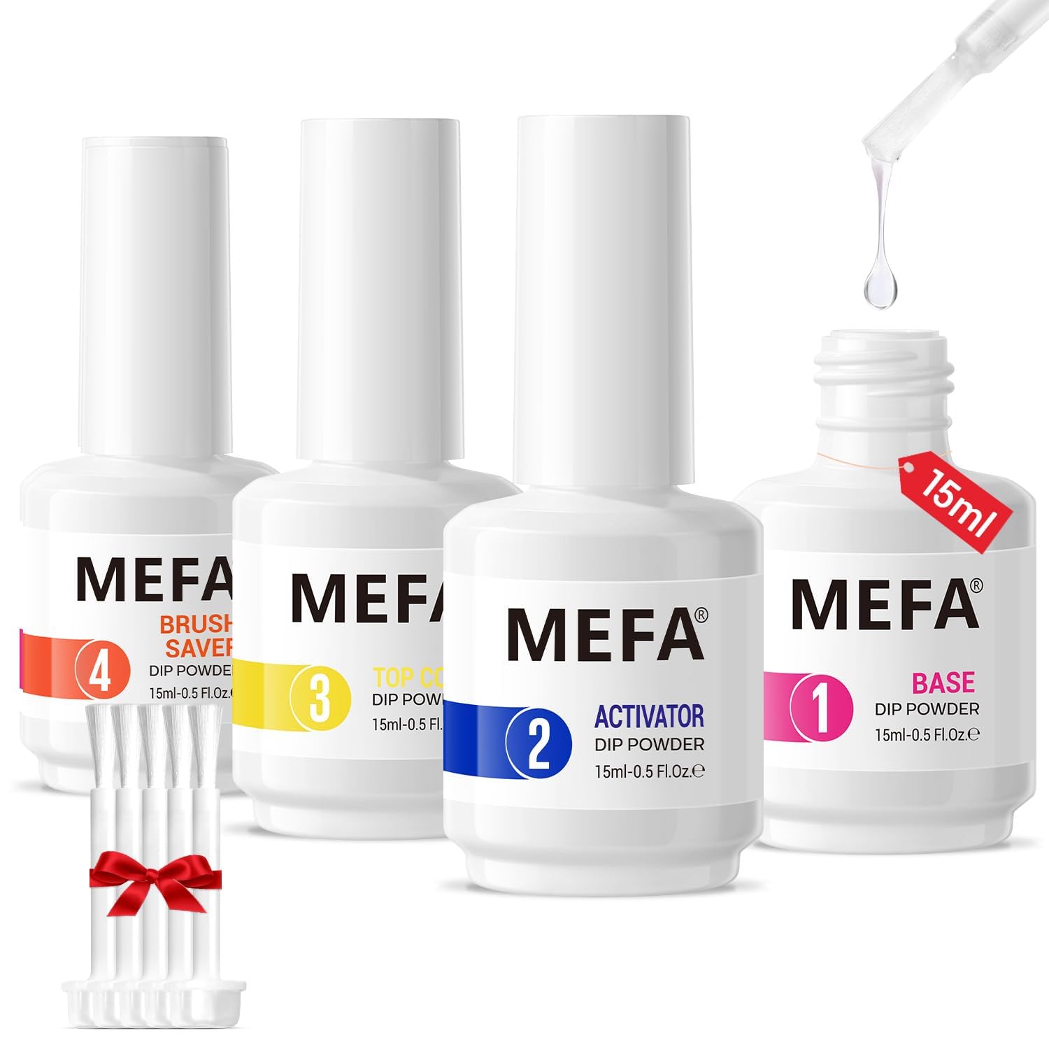 MEFA Dip Powder Liquid Set Base, Top Coat, Activator, Brush Saver 15 ml 0.5 Oz 4 Pcs with 5 Replacement Liquid Brushes for Dipping Powder Nail Kit No Nail Lamp Needed
