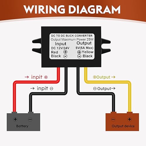 Miniatura 5 de Klnuoxj DC 24V 12V a 5V 5A 25W Módulo convertidor reducido Regulador de voltaje reducido Convertidor de potencia de coche 24 voltios 12 voltios a 5