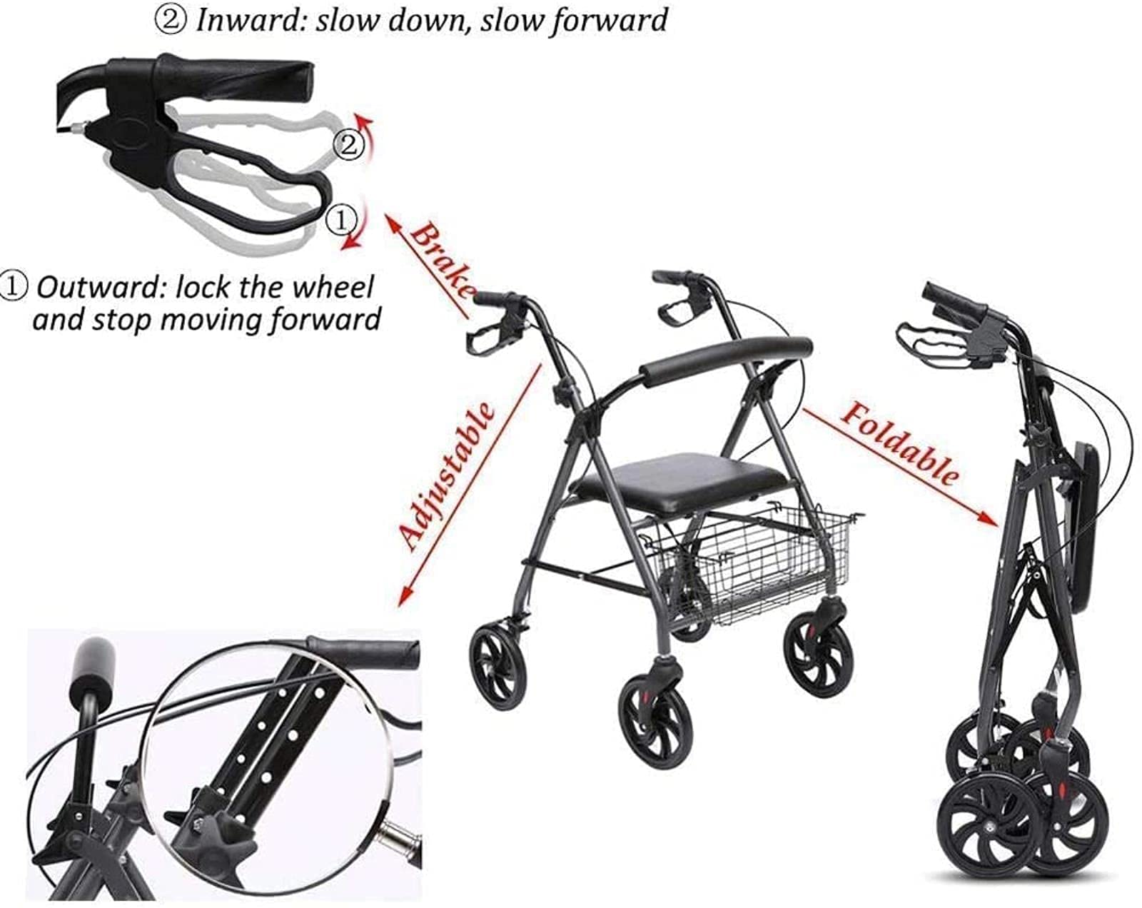 Rollator, vierrädriges Hilfsmittel aus Aluminium mit gepolstertem Sitz, Einkaufskorb, feststellbare Bremsen, ergonomische Griffe, leichte Faltrolle, Sehnsucht nach