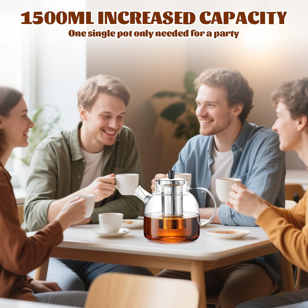 Teiera in vetro da 1,8 litri con fornello, teiera in vetro con colino, teiera con colino per tè sfuso, senza BPA, microonde e lavabile in lavastoviglie