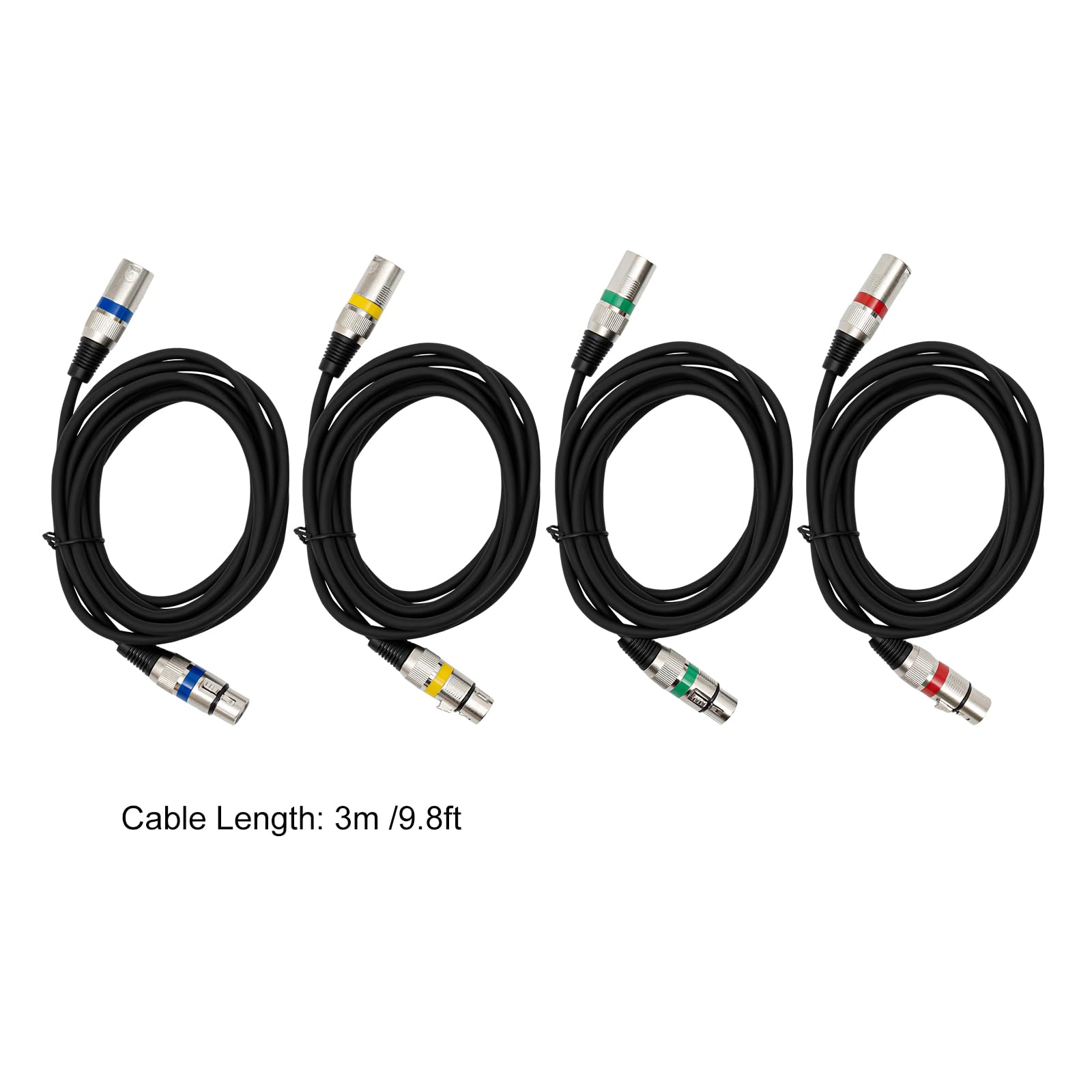 Zestaw 4 kabli Dmx 3 m, 3 piny, XLR, 3-biegunowy kabel połączeniowy Dmx, kabel sygnałowy Dmx, przyłącze sygnałowe, armata do sterowania światłem DMX, reflektor sceniczny, kolor czarny