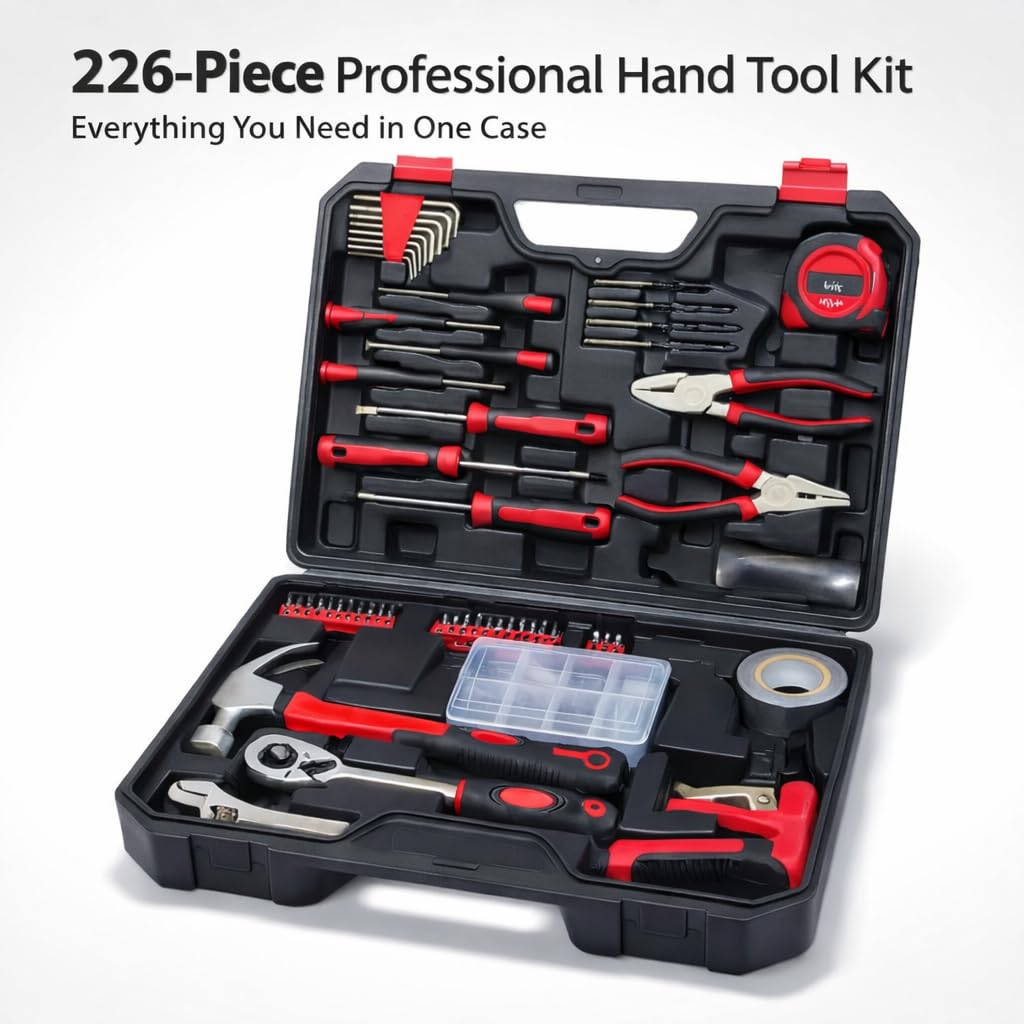 Kit de herramientas manuales profesionales de 226 piezas, juego completo de herramientas de bricolaje y mecánicas con estuche resistente para reparaciones de hogar, garaje y taller
