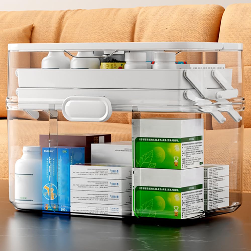 LECHUAN 3-Tier 12 x 9 x 7 Medicine Organizer, Medicine Cabinet Organizer with Portable Pill Case, Multipurpose Plastic Box for Storage Empty First Aid