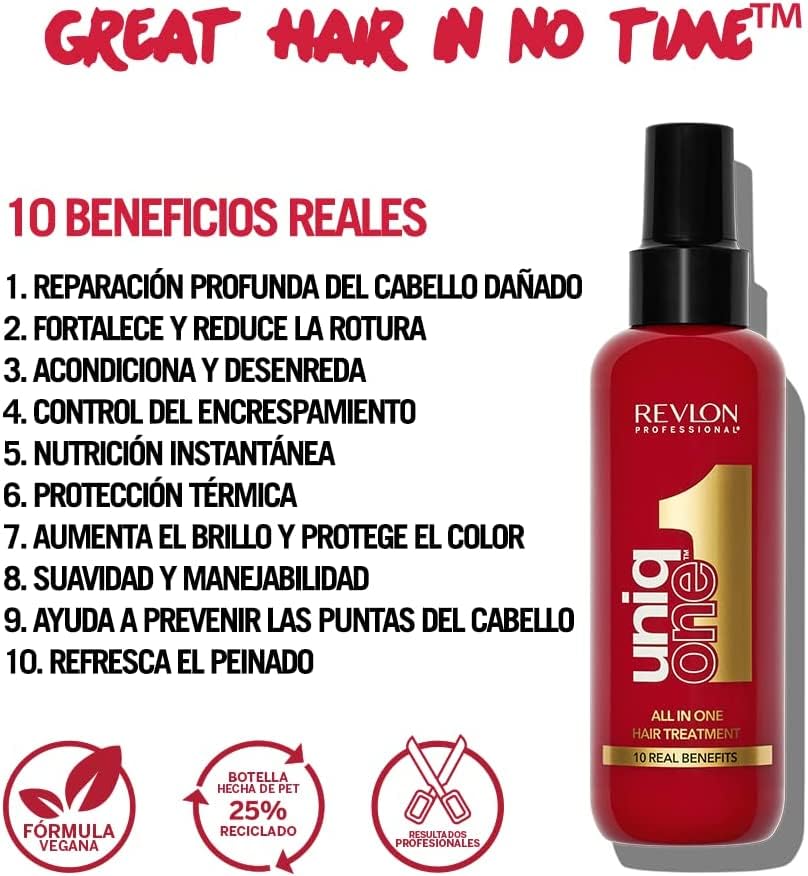 Imagen que muestra los 10 beneficios reales del tratamiento capilar UniqOne de Revlon Professional
