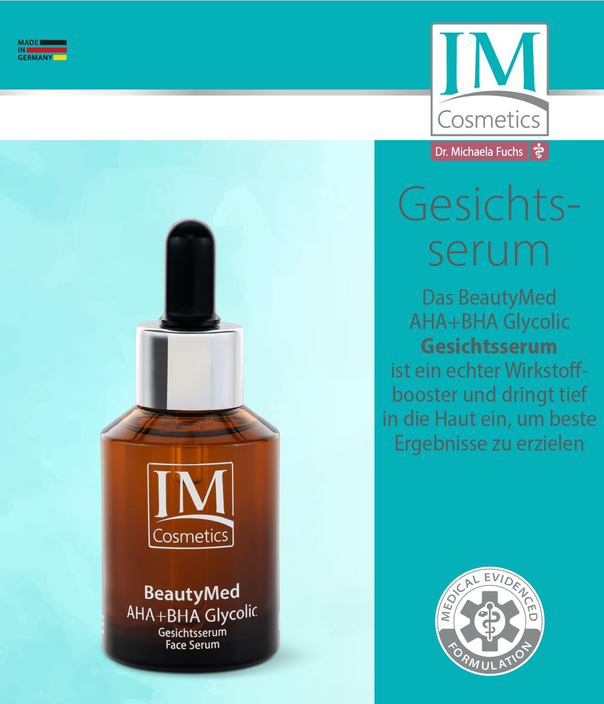 Genius IM Cosmetics BeautyMed AHA + BHA Glycolic Gesichtsserum mit Salicylsäure- Gesichtspeeling für strahlende Haut gegen Pickel, Mitesser & unreine Haut, Poren verkleinern, 60ml- Dr. Michaela Fuchs