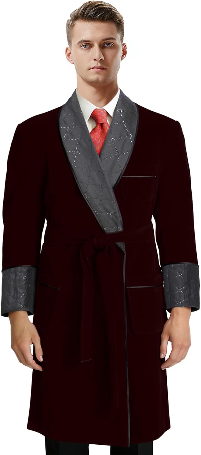 Men's Long Velvet Smoking Jacket Smoking Robe with Belt Shawl Lapel Quilted Dressing Gown