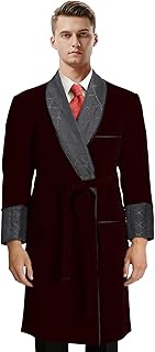 Men's Long Velvet Smoking Jacket Smoking Robe with Belt Shawl Lapel Quilted Dressing Gown