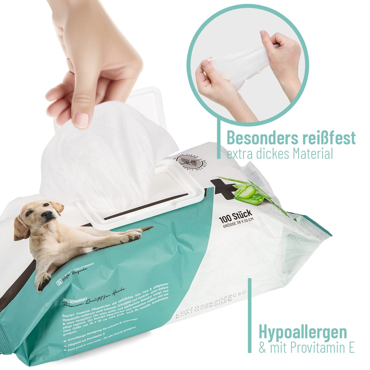 ReaVET lingettes de soin chien, 100 pièces, lingettes humides XXL chien, lingettes de soin chiens, lingettes humides fond de chien, extra larges lingettes nettoyantes hypoallergéniques