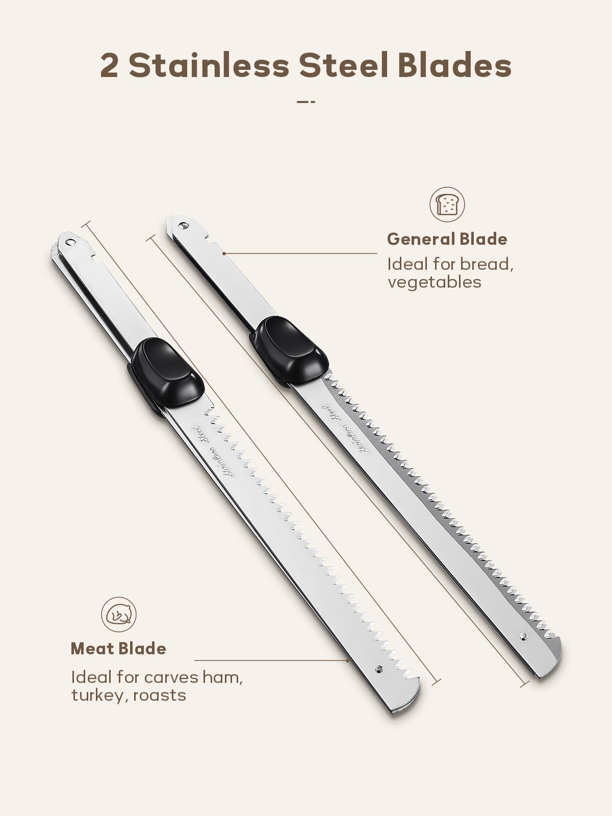Yabano Electric Knife 150W, Bread & Roast Kitchen Slicer, 2 Blades | Stainless Steel, for Hard Crust and Roast Baguette, Double Safety Lock, with Meat Fork Included