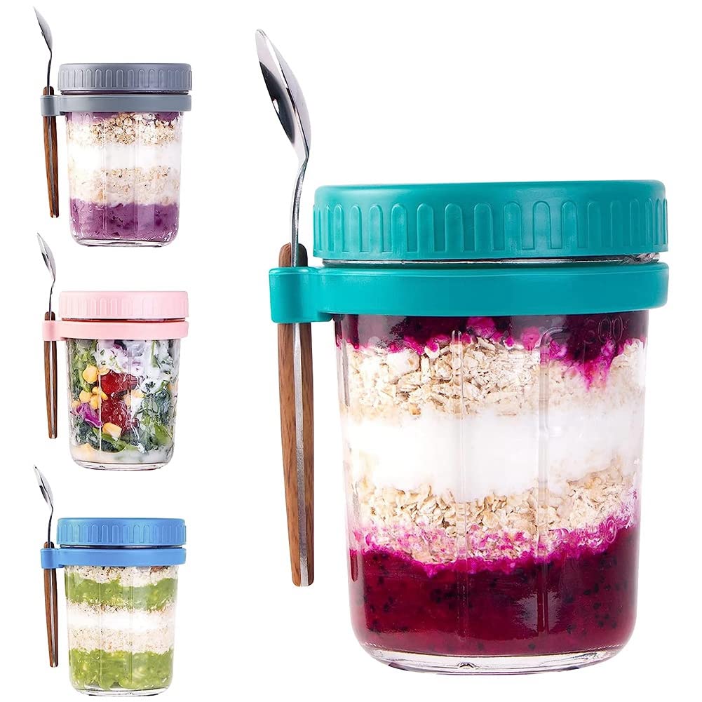 Furren Overnight Oats Container With Lids And Spoon 4 Pack Jars For Overnight Oats, Overnight Oats Jars