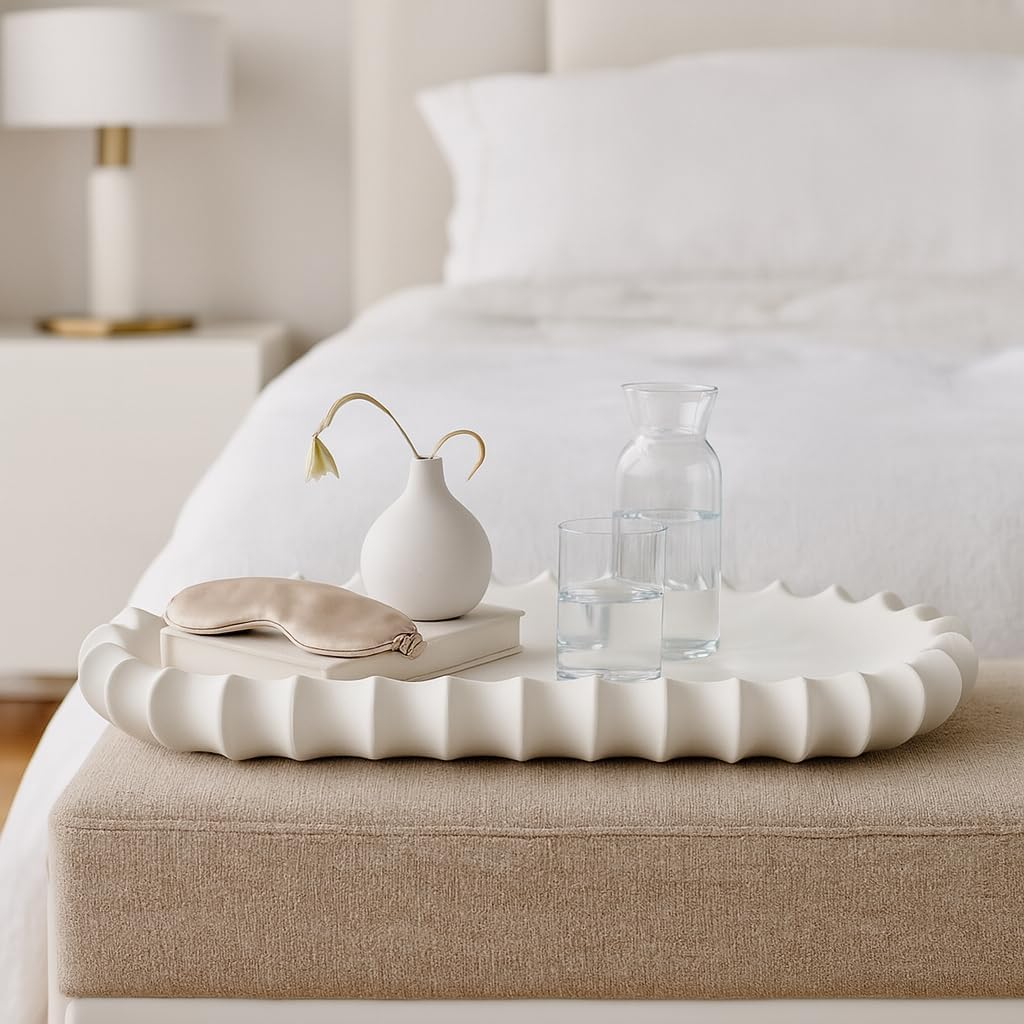 House Decor Tray for Bed or Coffee Table - Minimalist Ceramic Tray with Scalloped Edge Perfect Home Accent and Centerpiece Table Decoration - Timeless Jewelry, Trinkets, and Vanity Tray - 3" Ivory