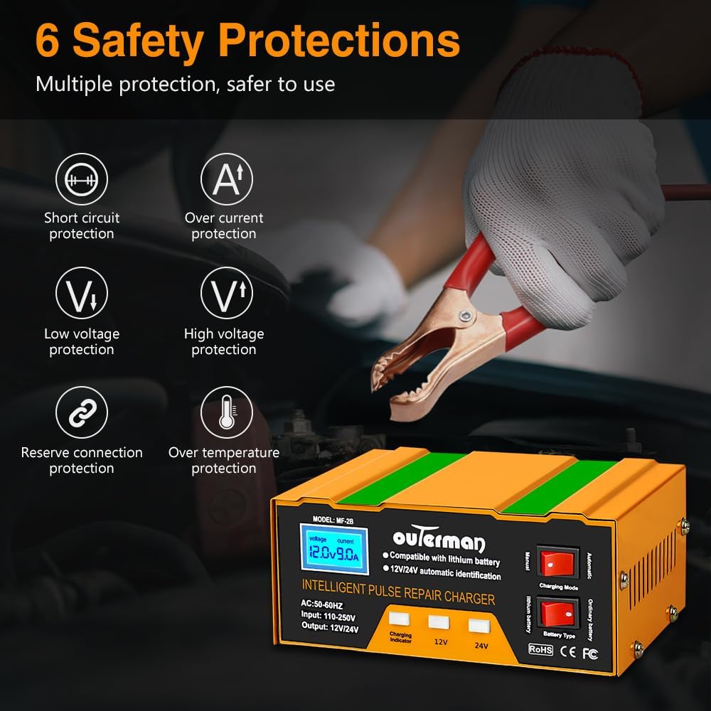 Car Battery Charger, Outerman Smart 12V 24V Auto Lead-Acid Battery Charger with LCD Display and Pulse Repair for Motorcycles, Cars, Trucks, Lawnmowers (Orange)
