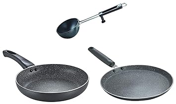 Prestige Aluminium Omega Deluxe Granite Fry Pan, 28 cm, Black (36306)&Prestige Omega Deluxe Granite Dosa Tawa, 28 cm, Black&Prestige Aluminium Hard Anodised Tadka Pan, 10 cm, Black