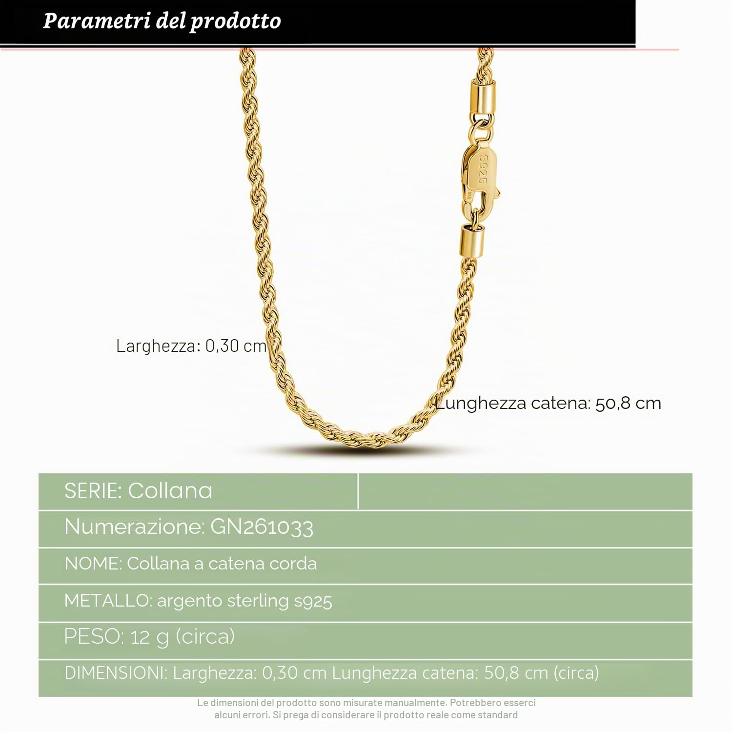 Dankadi Collana a corda fine 3 mm per ciondolo in argento 925, catena intrecciata a maglia, placcata oro 16-30" (40-76 cm), design italiano, regalo per festa di compleanno per uomo e donna