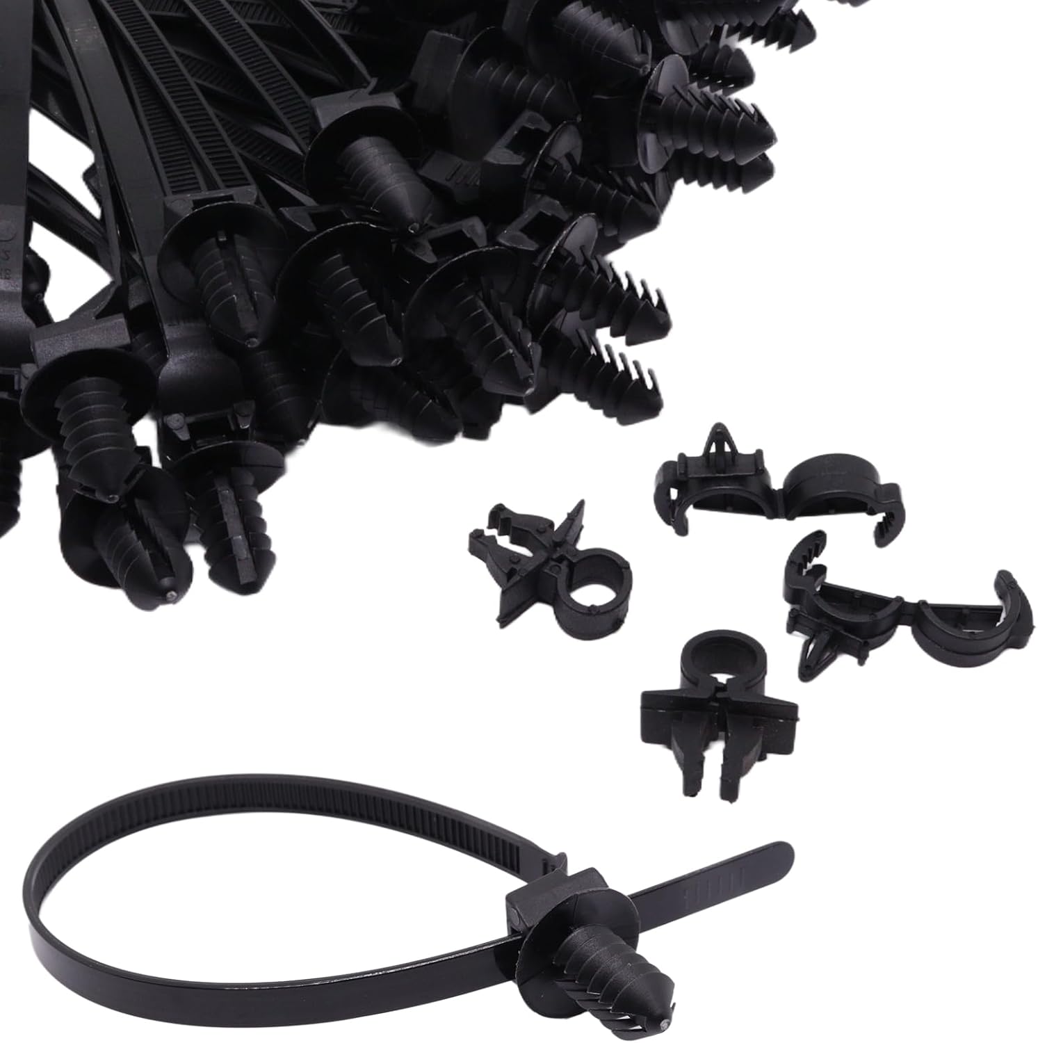 8.3" x 0.2" Push Mount Zip Ties, Heavy Duty Black Nylon Push Mount Cable Zip Tie, 2 in 1 Self-Locking UV Resistant Wire Ties for Indoor Wire Bundling, Construction, Automotive (50PCS)