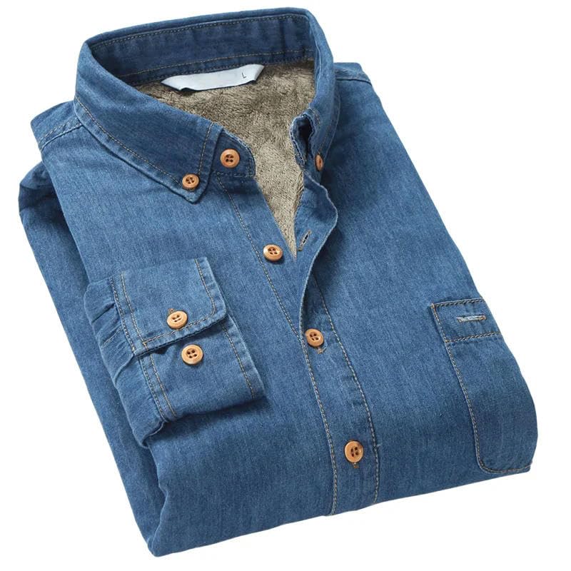 BoShiNuo Winter Denim Shirt Men Warm Fleece Lined Velvet Denim Shirts Cowboy Coats Outwear Windbreaker Thick Shirt Dark8 Blue L