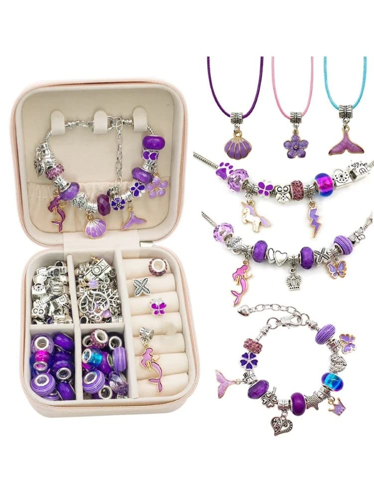 Charm Bracelet Making Kit, DIY Craft for Girls, Bracelet Beads, Girls Jewelry Making Kit Bracelet Kit For Kids, DIY Handicraft With Gift Box, Girls' Gift (Purple)