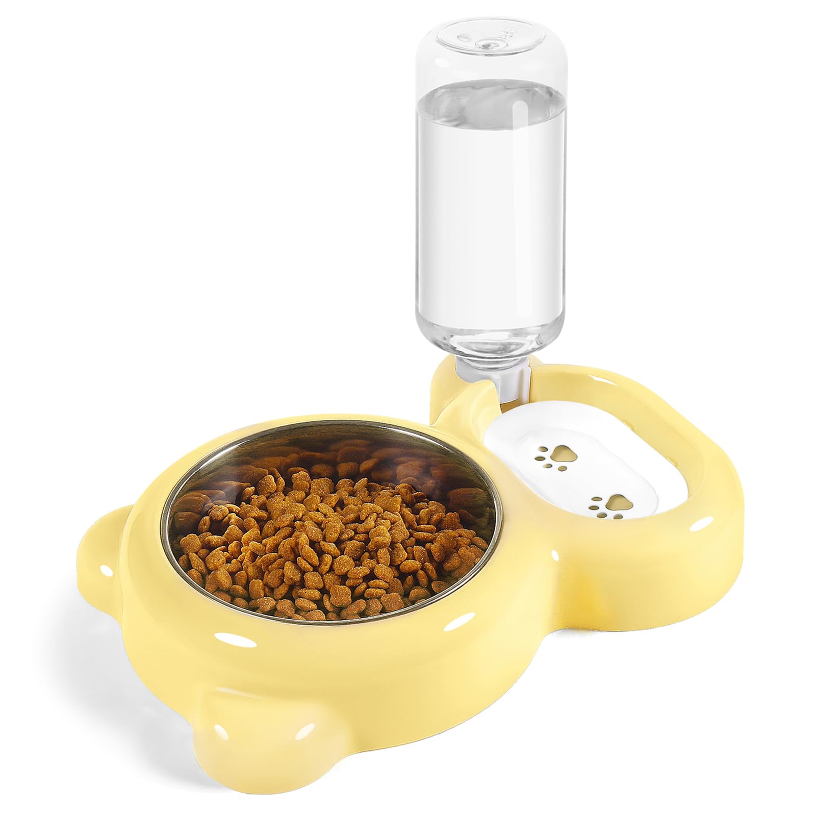 Dog Bowls, Cat Food and Water Bowl Set with Water Dispenser and Stainless Steel Bowl for Cats and Small Dogs - Yellow