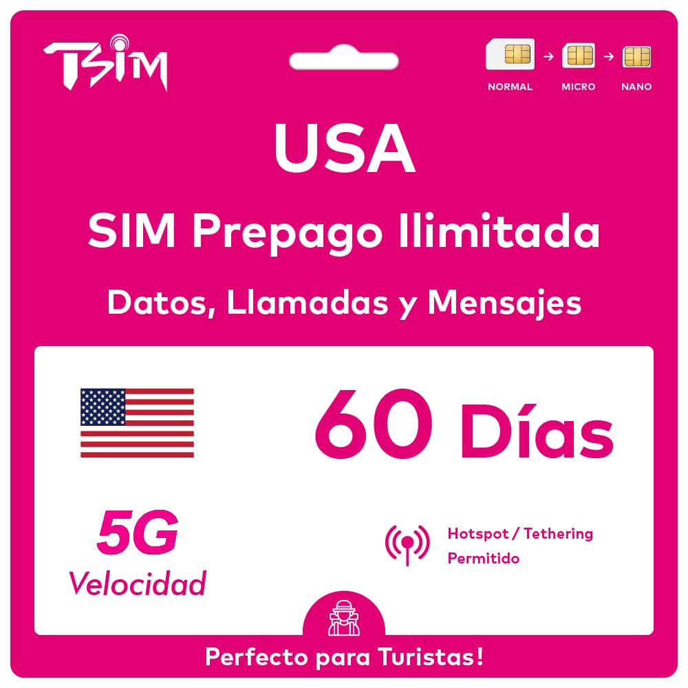 TTSIM Tarjeta SIM de Viaje Prepago USA 60 Días | Datos Ilimitados 4G/5G en USA | Llamadas Locales Ilimitadas | Llamadas y SMS Entrantes Gratis | Tarjeta SIM 5G Mejorada