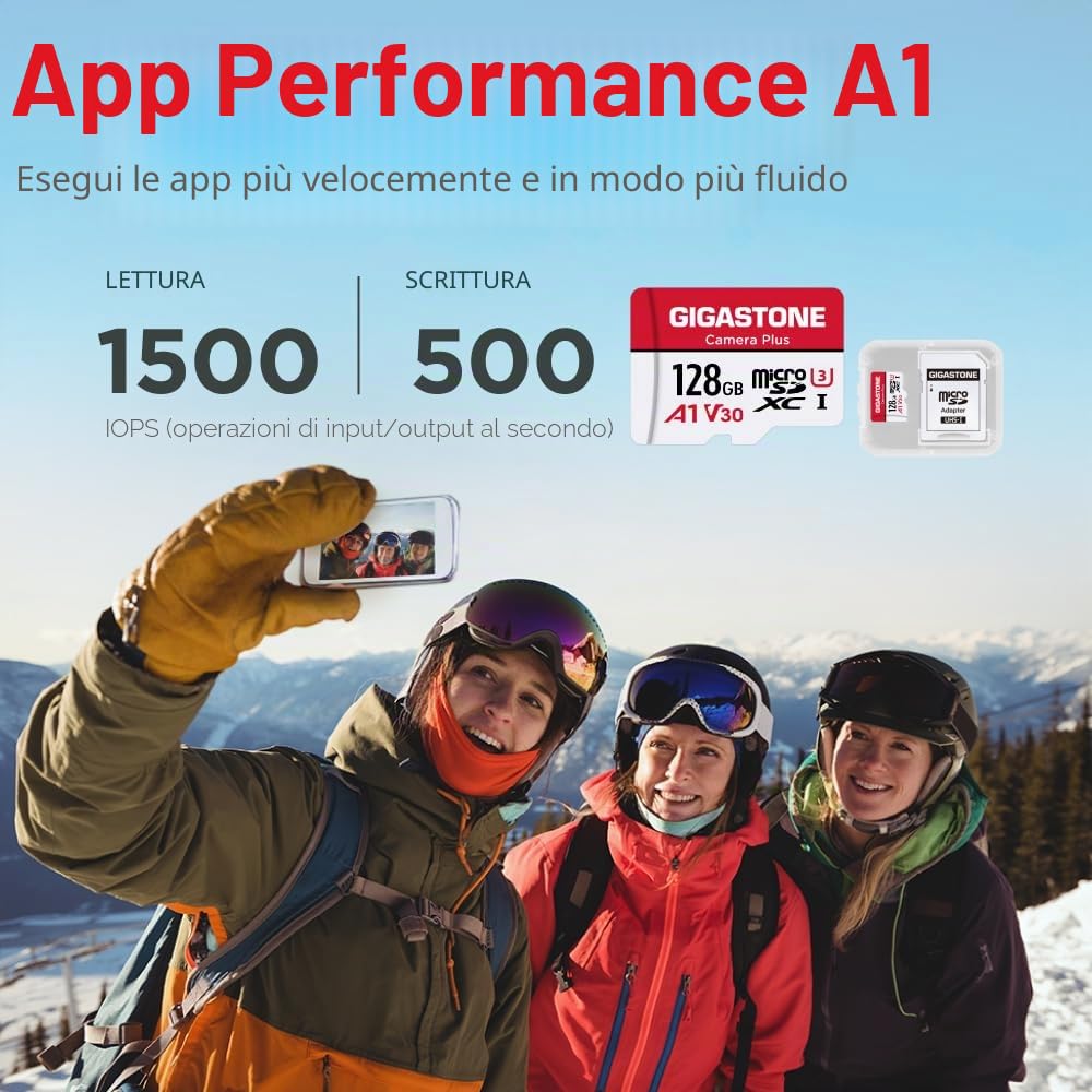 GIGASTONE Micro SD 128 GB, Camera Plus, Set da 2, A1 U1 C10 UHS-1, Per GoPro Fotocamera Videocamera, Velocit? Fino a 100/60 MB/Sec(R/W), con Adattatore Scheda SD