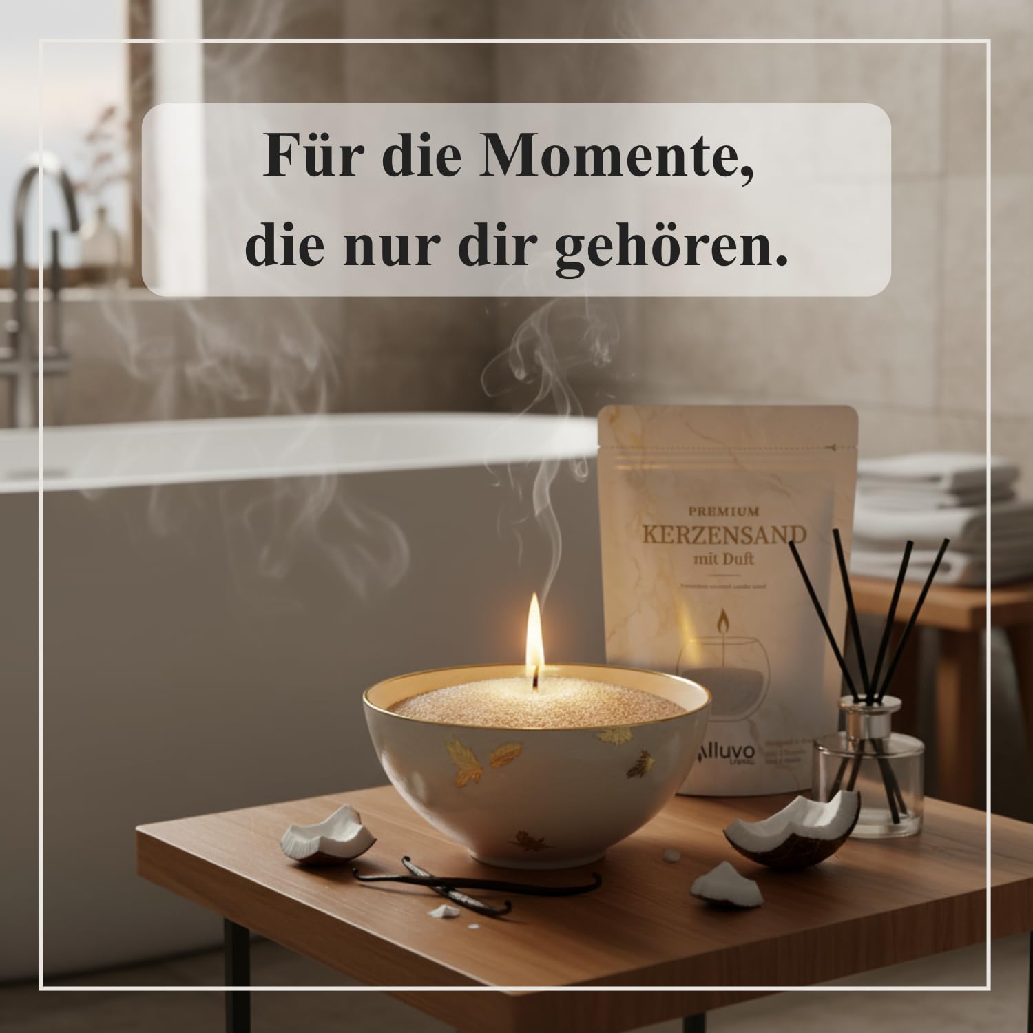 Premium Kerzensand Vanille Kokosnuss 450 g, Duftkerzen-Sand beige inkl. 8 Dochte, pflanzenbasiertes, rußarmes Vanilla Coconut Duft Wachsgranulat, speziell geprüfte Qualität für saubere Raumluft