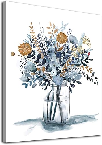 Lienzo decorativo de flores azul marino para pared de dormitorio, ramo minimalista, lienzo, acuarela, para sala de estar, baño, hogar, oficina,