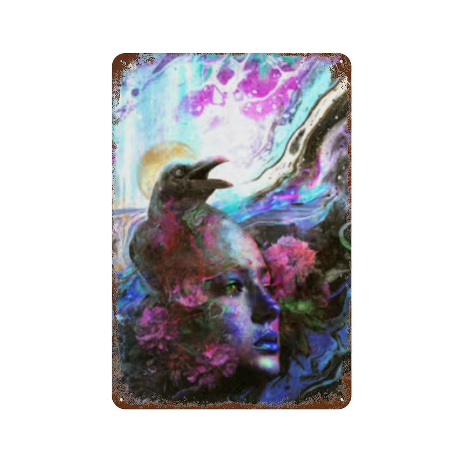 Fantasy Artwork with Raven And Flowers Rust Effect Tin Sign 11.8"x7.9", Vintage Wall Decor for Pub, Kitchen And Man Cave Decor