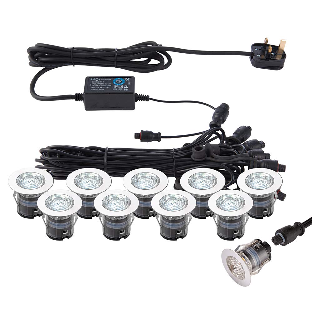 National Lighting Blue, White Ikon Pro Pack Of 10 Colour Changing (Cct) Daylight White & Blue Led 35Mm Round Stainless Steel Outdoor Garden Decking Pathway Kitchen Plinth Lights Kit - Ip67