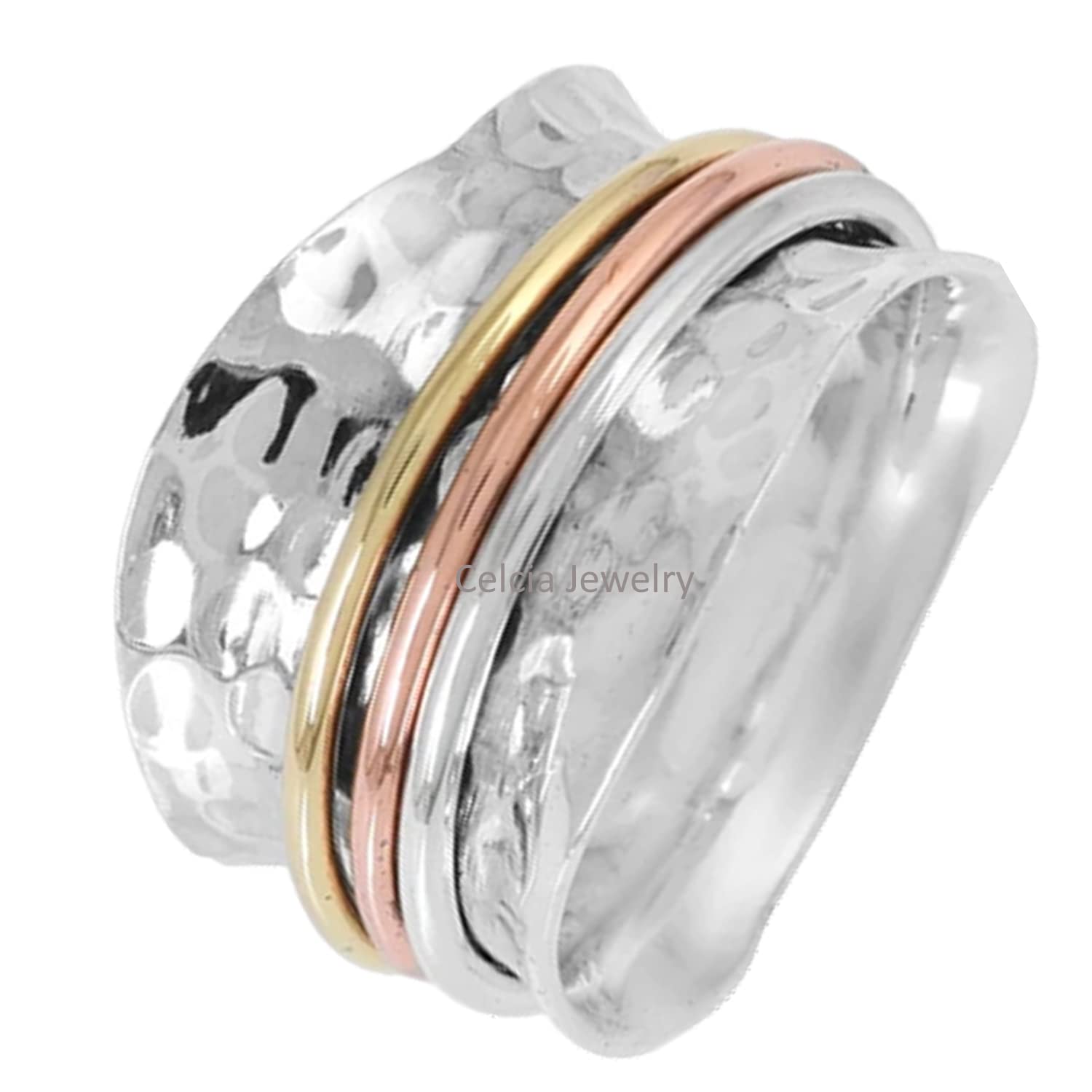 Bague tournante en argent sterling 925 martelé pour femme, bague de méditation tricolore pour elle, bague étonnante et époustouflante