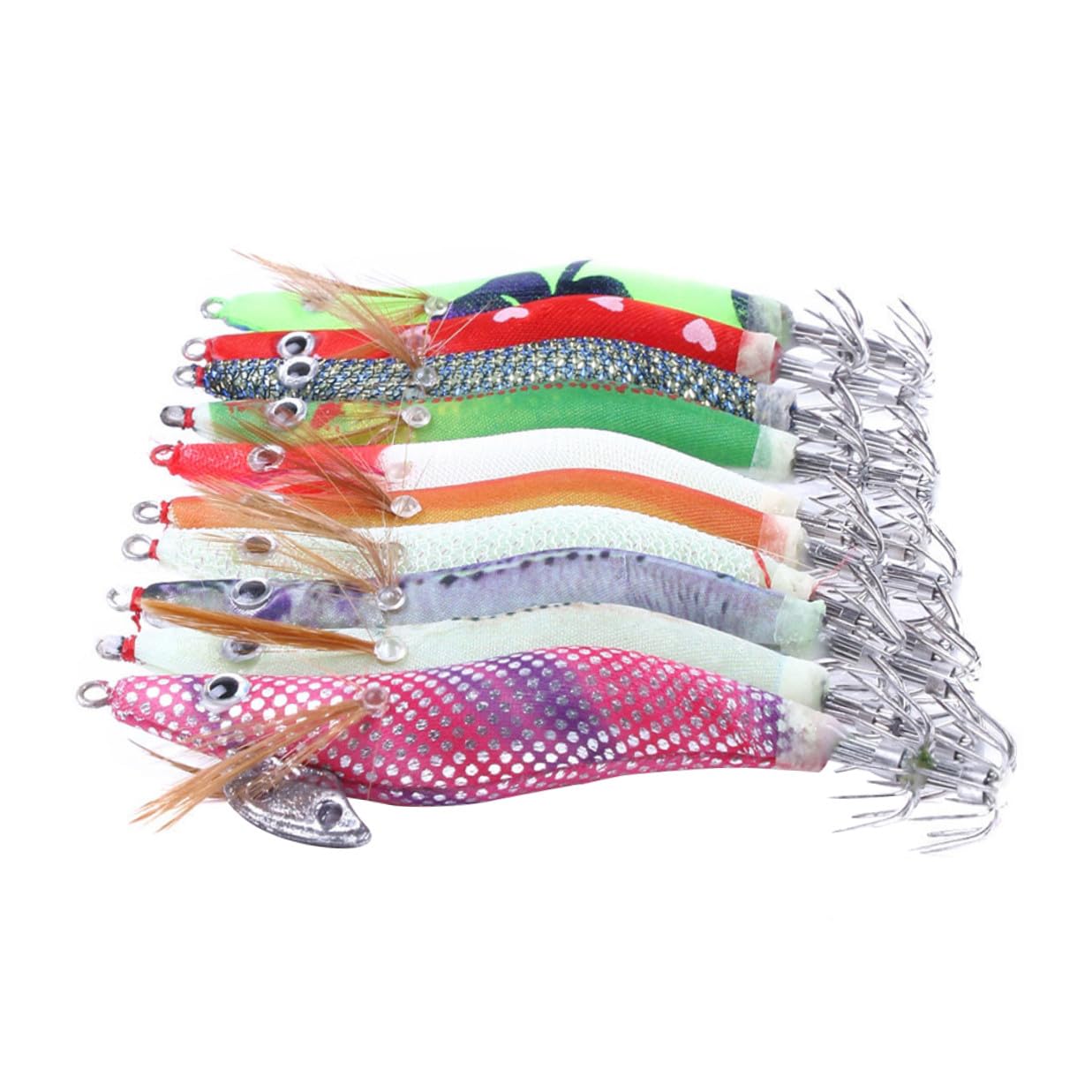 Set di 10 Esche Artificiali Gambero e Calamaro Ganci da Pesca in Plastica e Acciaio, Facili da Usare, Portatili, per Pesca in Mare
