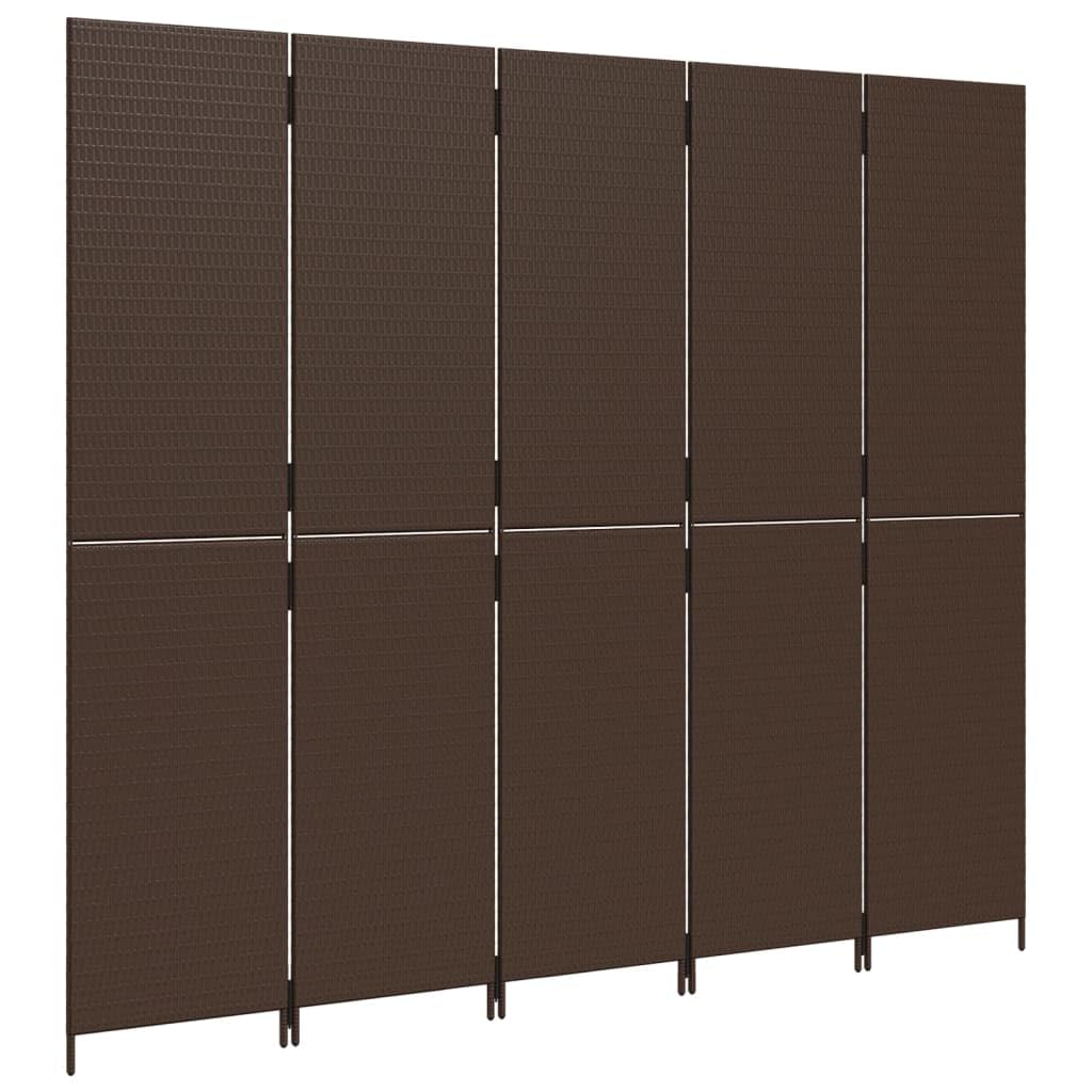 Muebles, separadores de habitaciones, separador de habitación, 5 paneles, ratán de poliéster marrón