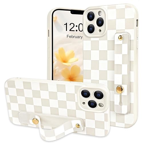 NITITOP Compatible with iPhone 11 Pro Max Case with Wrist Strap Kickstand Cute Trendy Checkerboard Plaid for Women Girls Slim Fit TPU Silicone Shockproof Full Camera Protective Cover - White