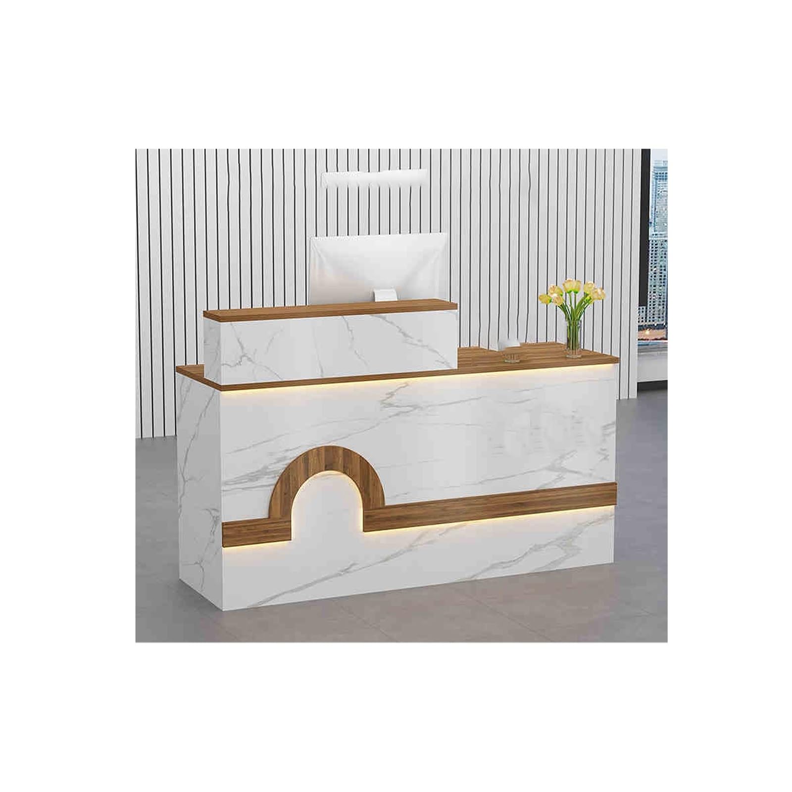 Moderno banco per ricevimenti e casse a forma di L, con cassetti e ripiani, elegante postazione di lavoro per ufficio e vendita al dettaglio, design floreale funzionale