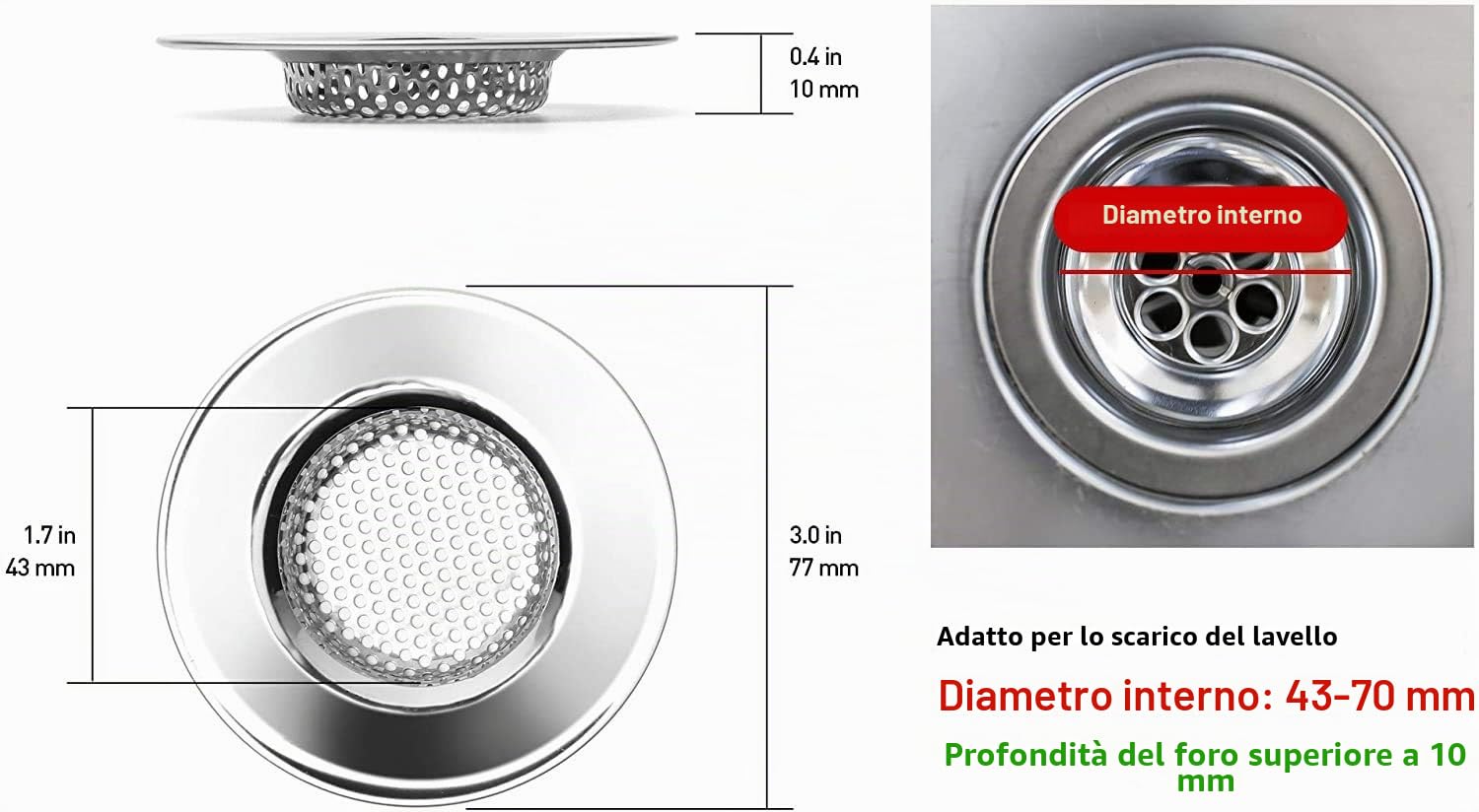 2 Pezzi 3" Filtro per Lavello da Cucina, Cucina Sink Strainer in Acciaio Inox, filtri per lavandini, Addensato, Vasca da Bagno o lavelli da Cucina, 3"/77mm (Piccolo)