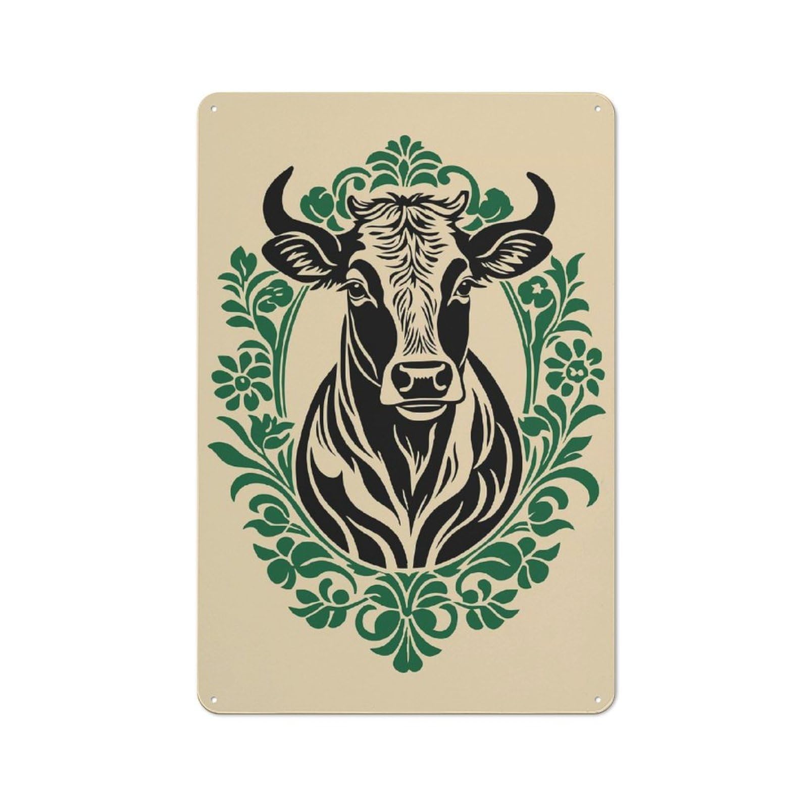 Junmoney Style-2 Tin Wall Plaque 30X20cm With Cow Portrait With Floral Ornament For Studio Or Craft Room, Suited To Studio Decor Lovers