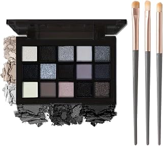 Goth Eyeshadow Palette - 15 Colors, Black Matte Shimmer With 3 Brushes, Waterproof Highly Pigmented Gothic Makeup Palette for Daily & Halloween Makeup