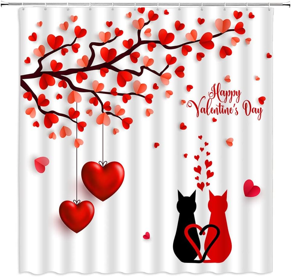 Valentine's Day Shower Curtain Red Pink Heart Romantic Lover Couple Lover Valentine Day Wedding Modern Fabric Bathroom Decor Curtain with Hooks