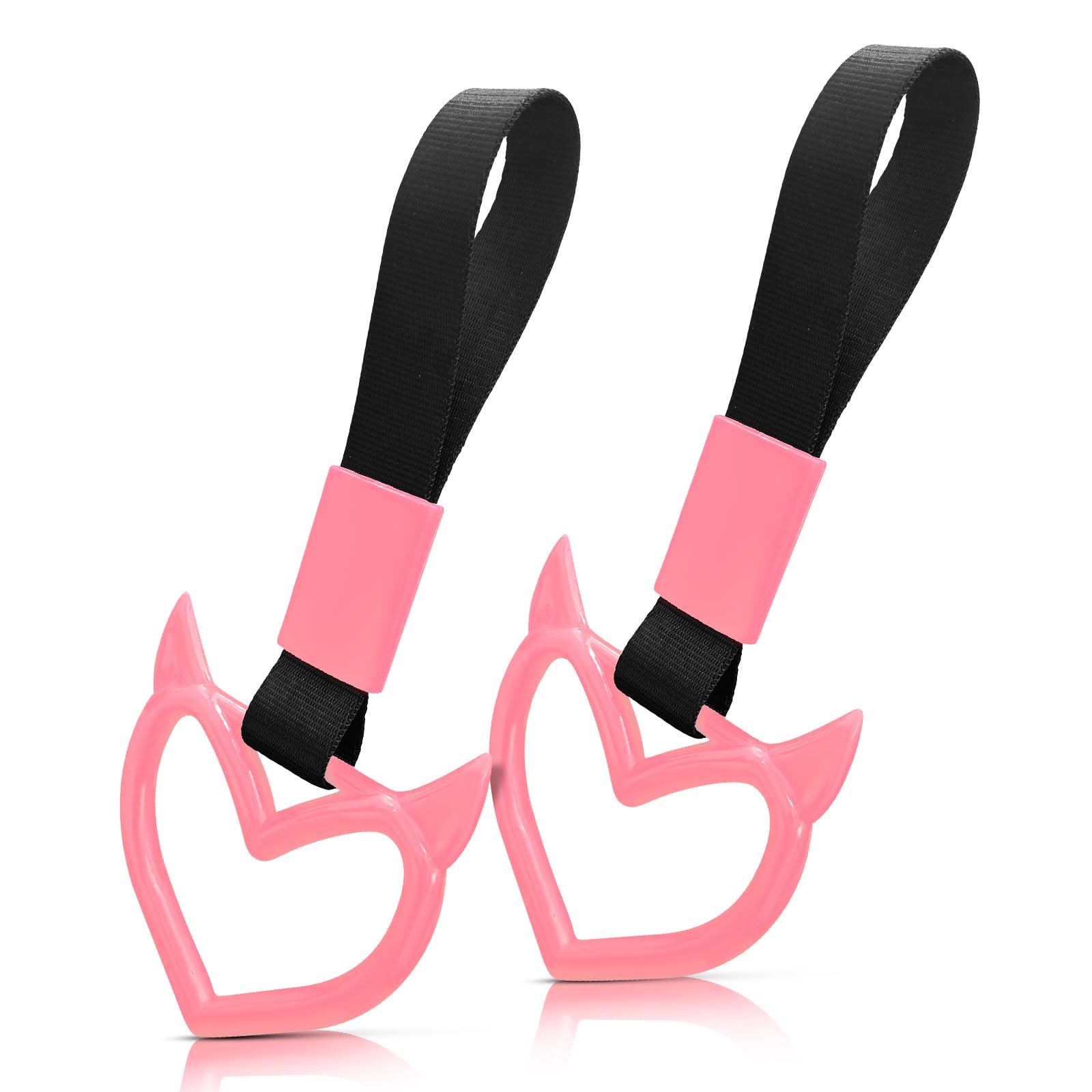 2 Pcs Devil Heart Shaped Car Handle Strap – JD M Drift Charm Rear Bumper Warning Ring Decor for Car Interior Exterior, Subway Bus Handle Accessory, Cute Heart Car Decor Gift for Drivers (Pink)