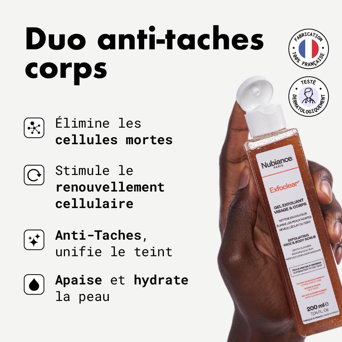 NUBIANCE - Pack Duo Visage & Corps - Lait Corps Anti-Taches & Hyperpigmentation + Exfoclear Gel Exfoliant Abricot - Soin Peaux Sèches, Mixtes, Grasses - Hydratation, Souplesse, Teint Uniforme