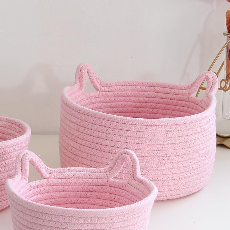 Image of Small Cat Ears Basket, Woven Cotton Rope Organizer with Handles - Decorative Nursery Bin & Box for Baby, Pet Toy Storage
