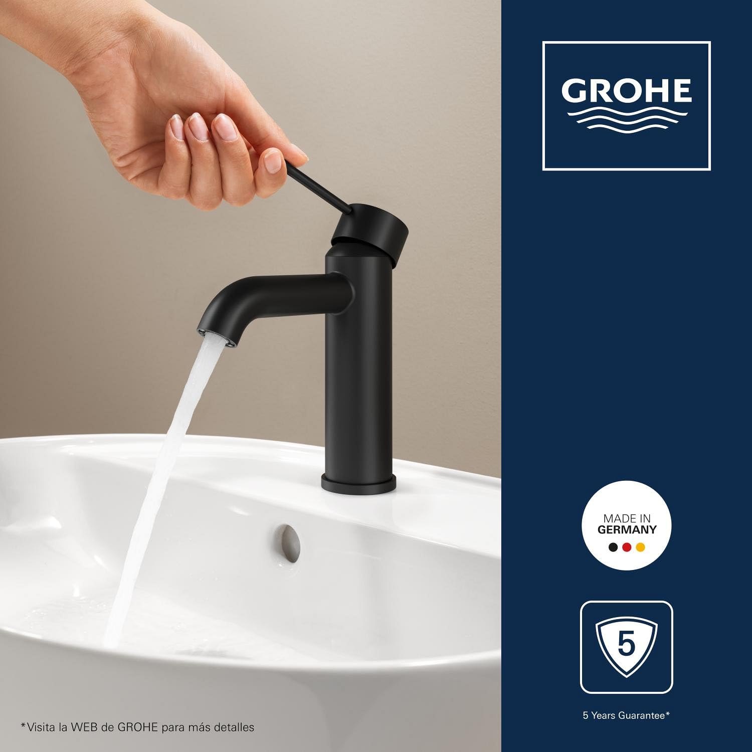 GROHE Essence – Grifo Monomando de Lavabo de Cuerpo Liso (Tamaño S 208 mm, Palanca Metálica, Cartucho Cerámico de 28 mm, Ahorro de Agua, Flexibles 3/8"), Negro Mate, 235902431