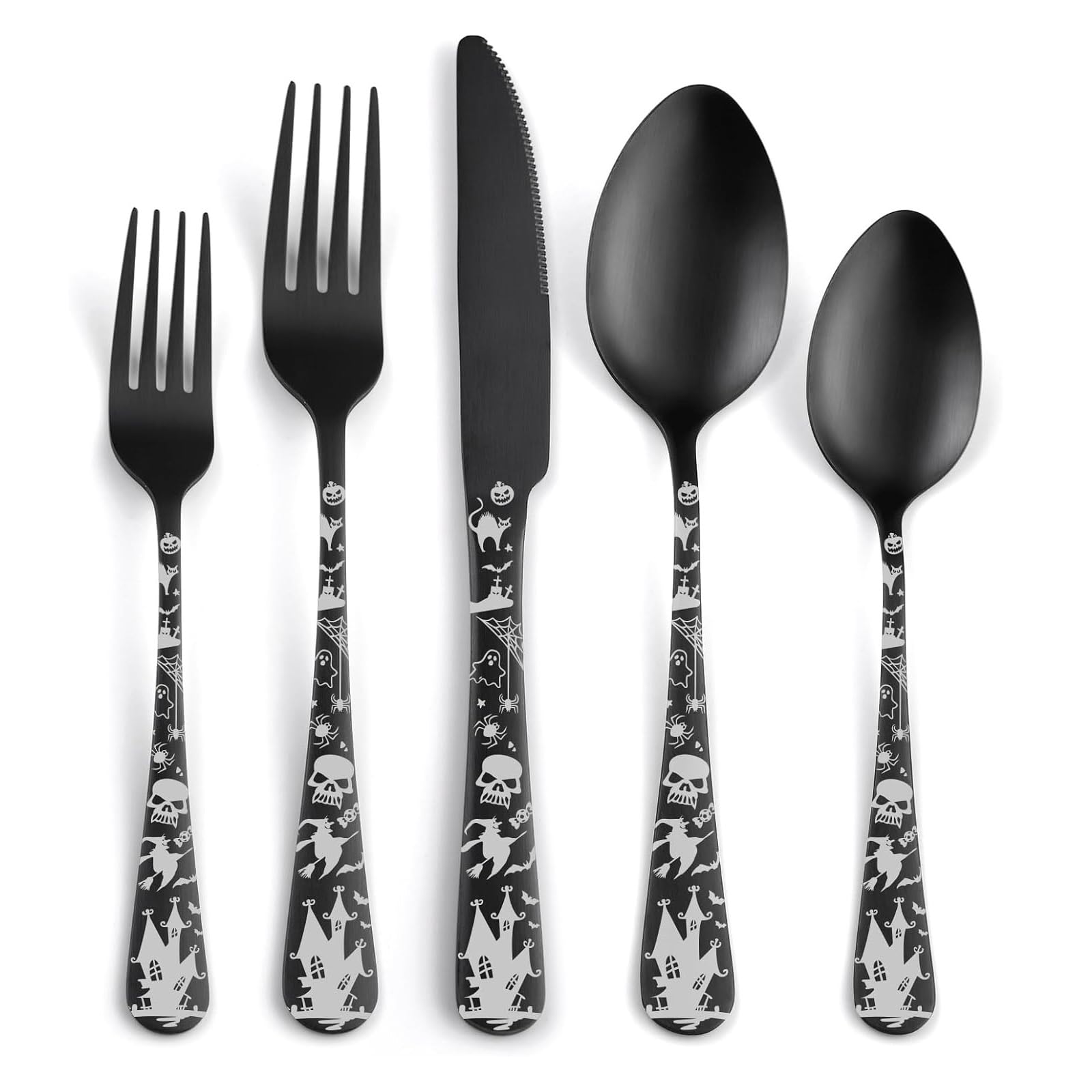 Halloween-Skelett-Besteckset,Totenkopf-Besteckset im Gothic-Stil mit Messer,Gabel und Löffel,Halloween Edelstahl-Besteck für das Essen in der Küche zu Hause,Camping (A,30 teilige)