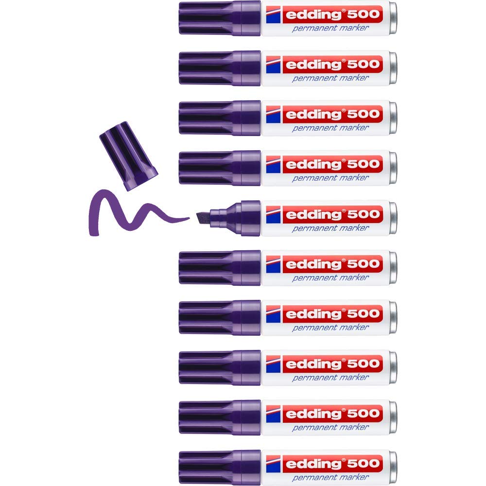 Edding 500 Marcatore Permanente, Viola, Scatola 10Pz, Punta a Scalpello 2-7 Mm, Impermeabile, Asciugatura Rapida Senza Sbavature, per Cartone, Plastica, Legno, Metallo, Vetro e Tessuto