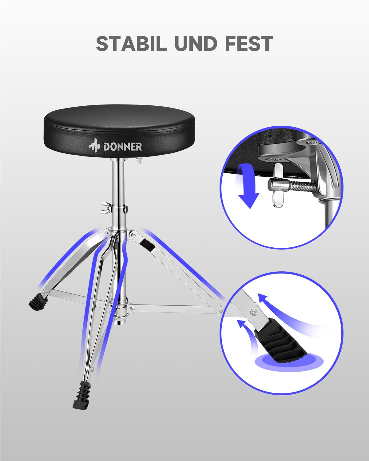 Donner Drumhocker mit Ahorn Holz Drumsticks, Schlagzeughocker Höhenverstellbar 48-58 cm für Elektronisches Schlagzeug, Drum Set, Maxi Belastung 90 kg