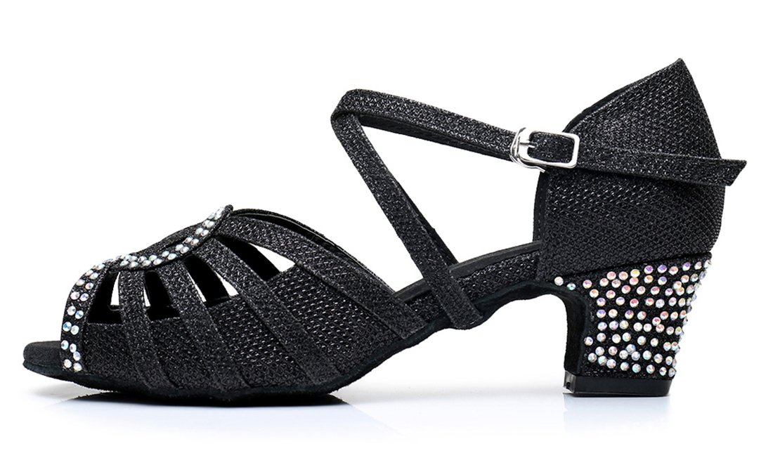 TDA Womens Ankle Strap Peep Toe Cut-Out Crystals Black Glitter Synthetic Low Heel Tango Ballroom Latin Dance Wedding Shoes 7 M US