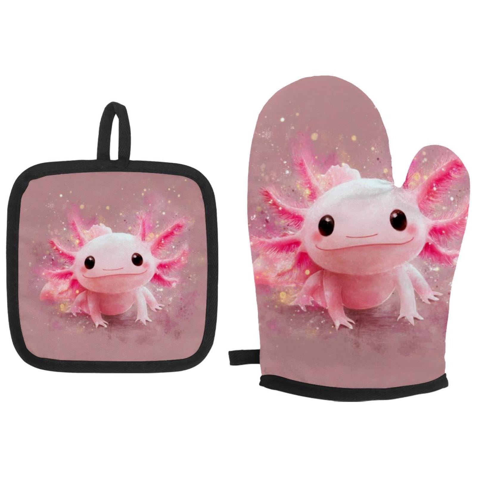 Gants de cuisine axolotl rose lot de 2 maniques originales à offrir pour la crémaillère
