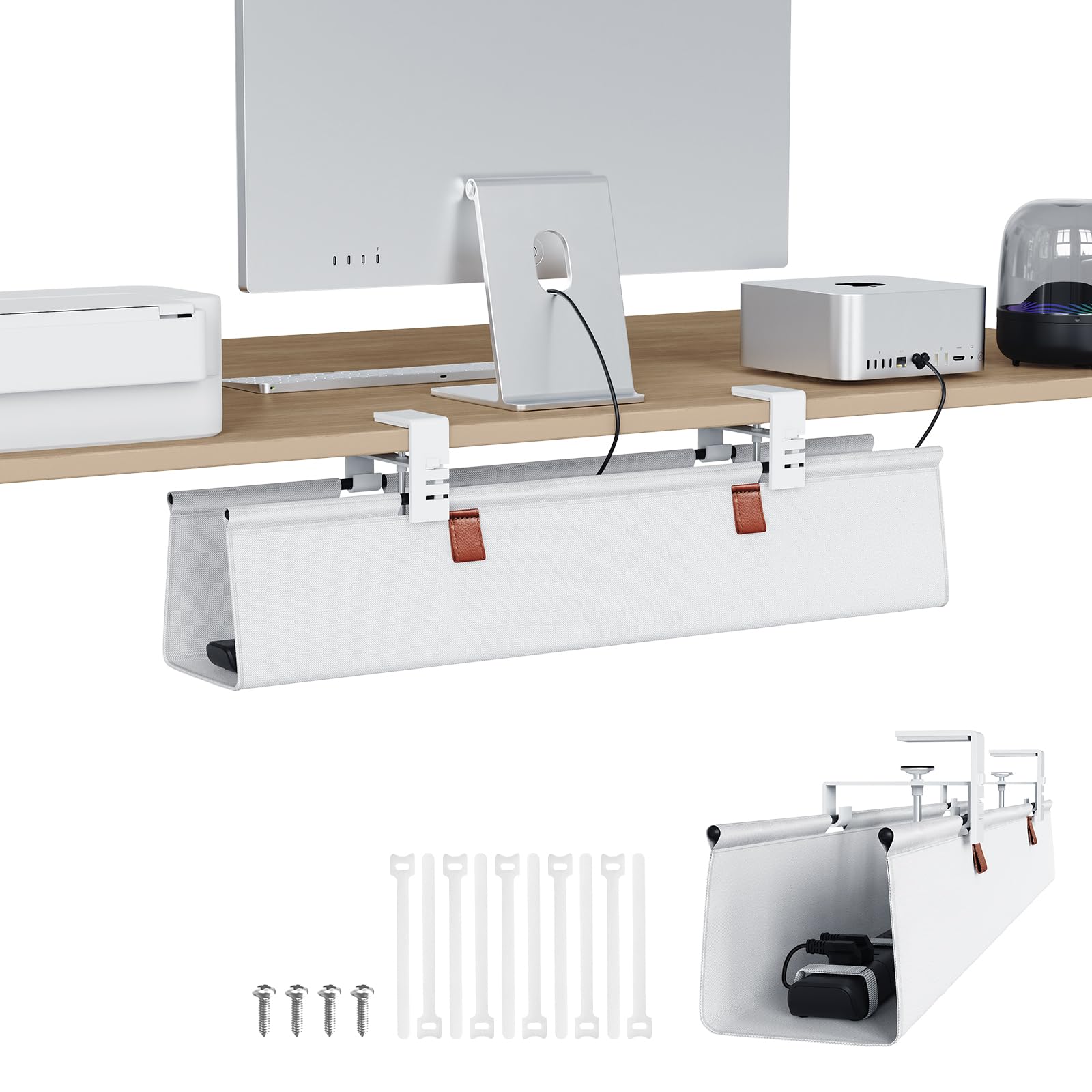 KEEGH Kabelkanal Schreibtisch Ohne Bohren, 76cm Unter dem Kabelmanagement Schreibtisch - Klemmen/Schraubmontage, Stoff-Kabelkanal für Gaming-PCs und Kabelverstecker für Büro & Zuhause, Weiß