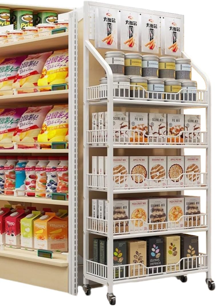 5 Tier Retail Snack Display Stand, Metal Snack Candy Potato Chip Display Rack Stand with Wheels & Hooks, Heavy Duty Floor Stand Storage Shelves, Snack Organizer Concession (White)
