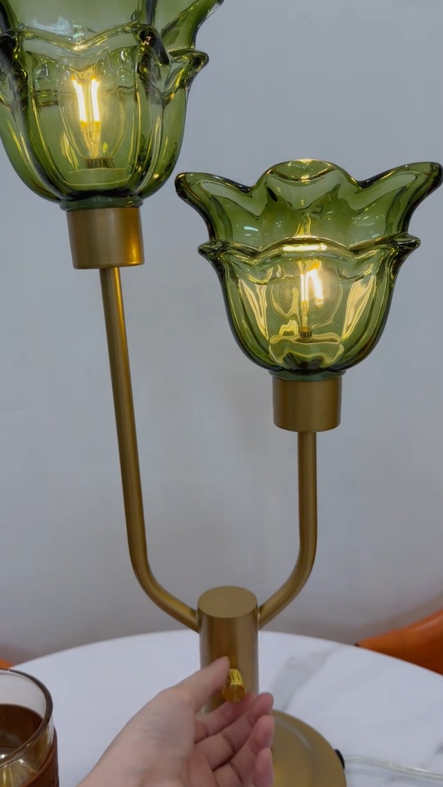 Image of Lightdot Green Glass Flower Table Lamp 2 Bulbs Included Dimmable Vintage | Nightstand Lamp Mid Century Modern Gold Desk Lamp Warmwhite Ambient Bedside Lamp for Living Room Bedroom Home Decor Gift