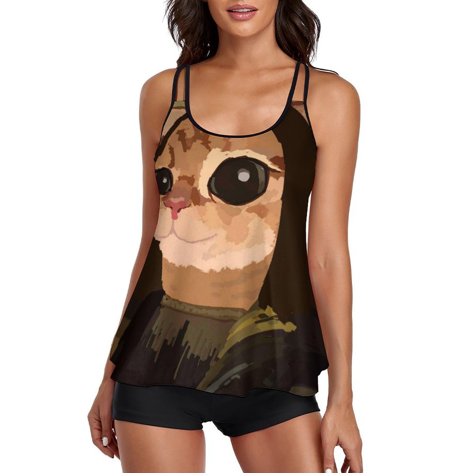 Maillot de bain tankini femme avec short de garçon et robe de plage imprimé chat drôle - 8